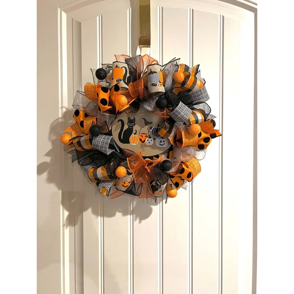 13 inch Halloween Ribbon Wreath Black Cat MW6